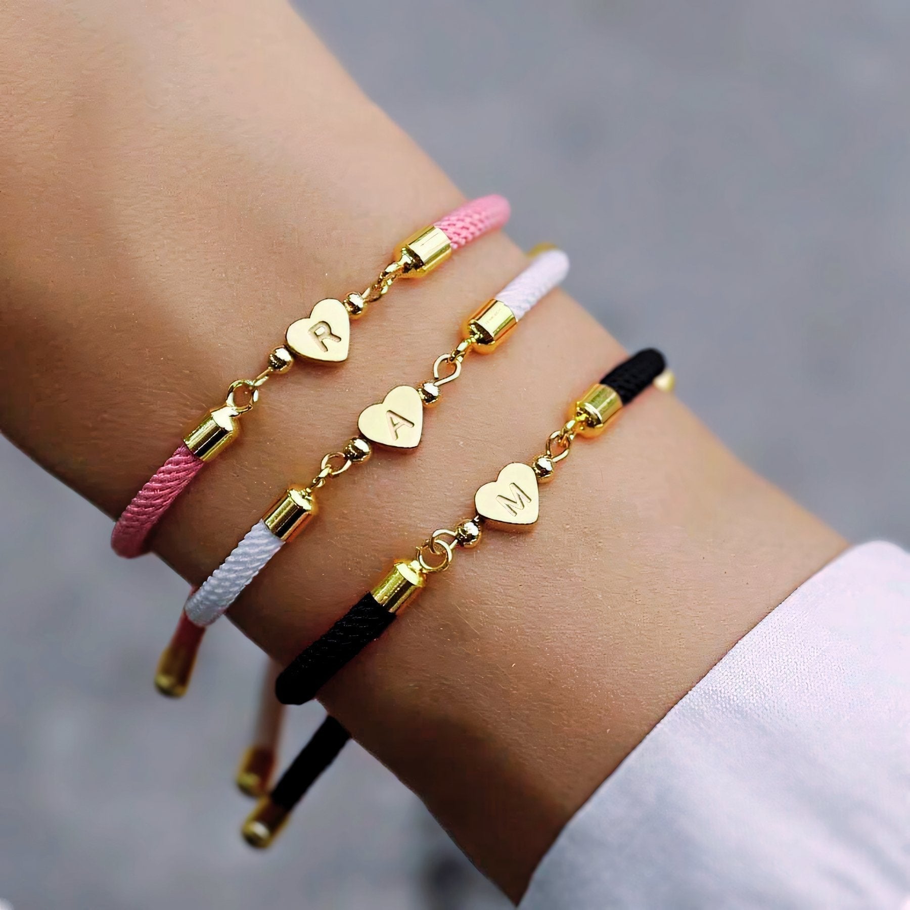 Vera - Adjustable Heart Letter Initial Bracelets Pink