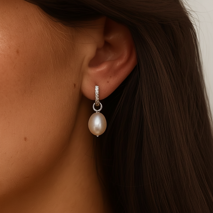 Susie | Silver Huggie Pearl Drop Earrings