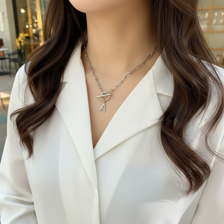 Paperclip Letter Initial Circle Lock Clasp Necklace